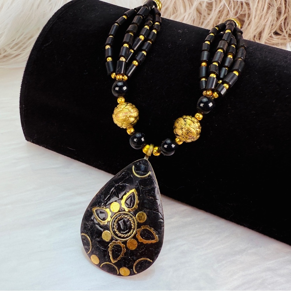 Vintage bohemian, tribal chic mosaic Black and Gold Pendant Necklace